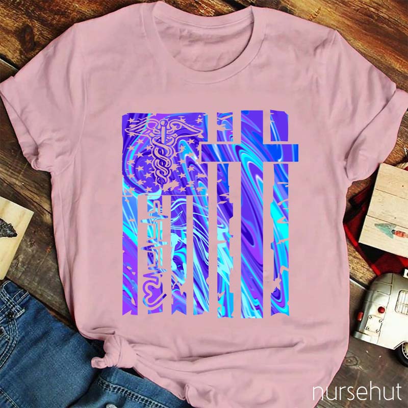 Blue And Purple Dazzle The Flag Nurse T-Shirt
