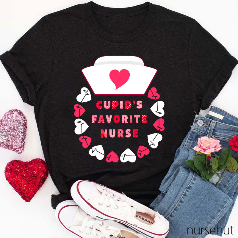 Cupid's Favorite Nurse Pink Heart Nurse T-Shirt