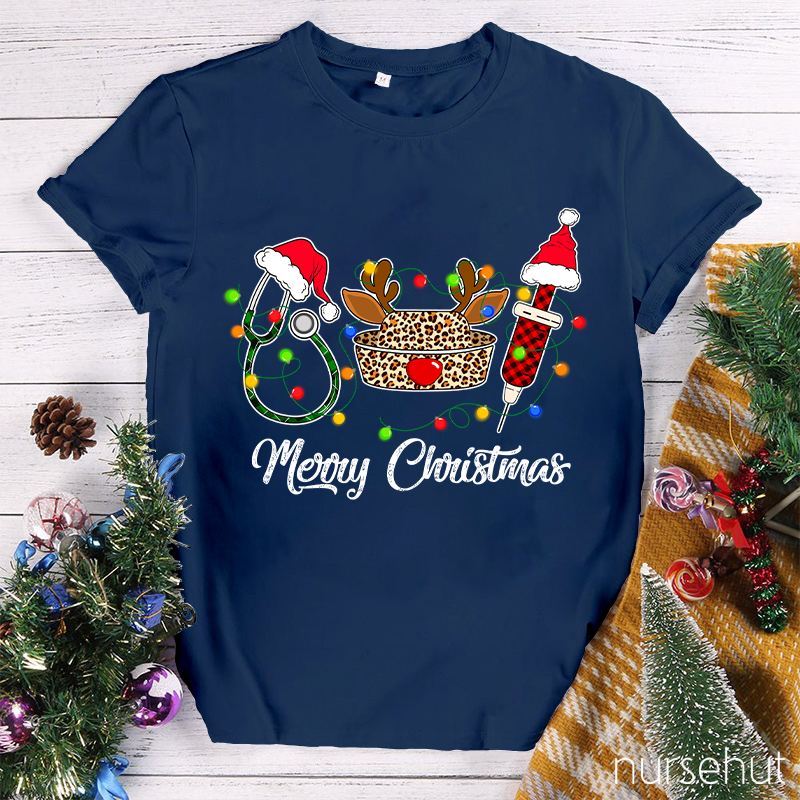 Merry Christmas Leopard Nurse Hat Nurse T-Shirt