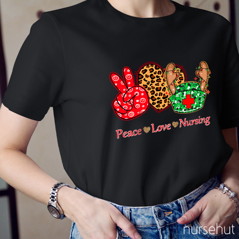 Peace Love And Nursing Leopard Christmas Vibes Nurse T-Shirt