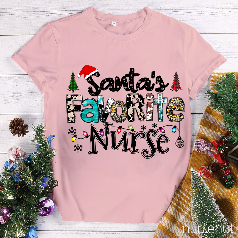 Santa's Favorite Nurse Leopard Christmas Nurse T-Shirt