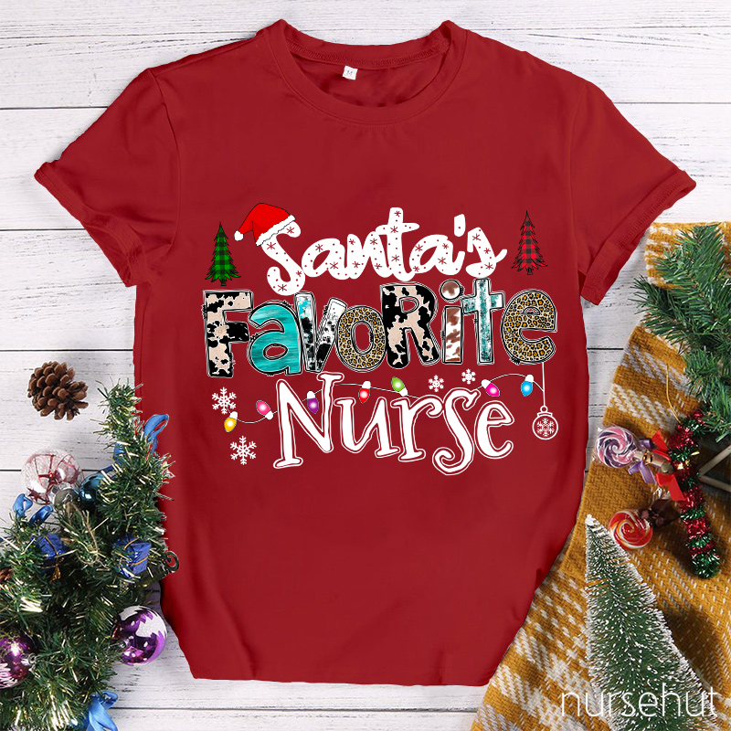 Santa's Favorite Nurse Leopard Christmas Nurse T-Shirt