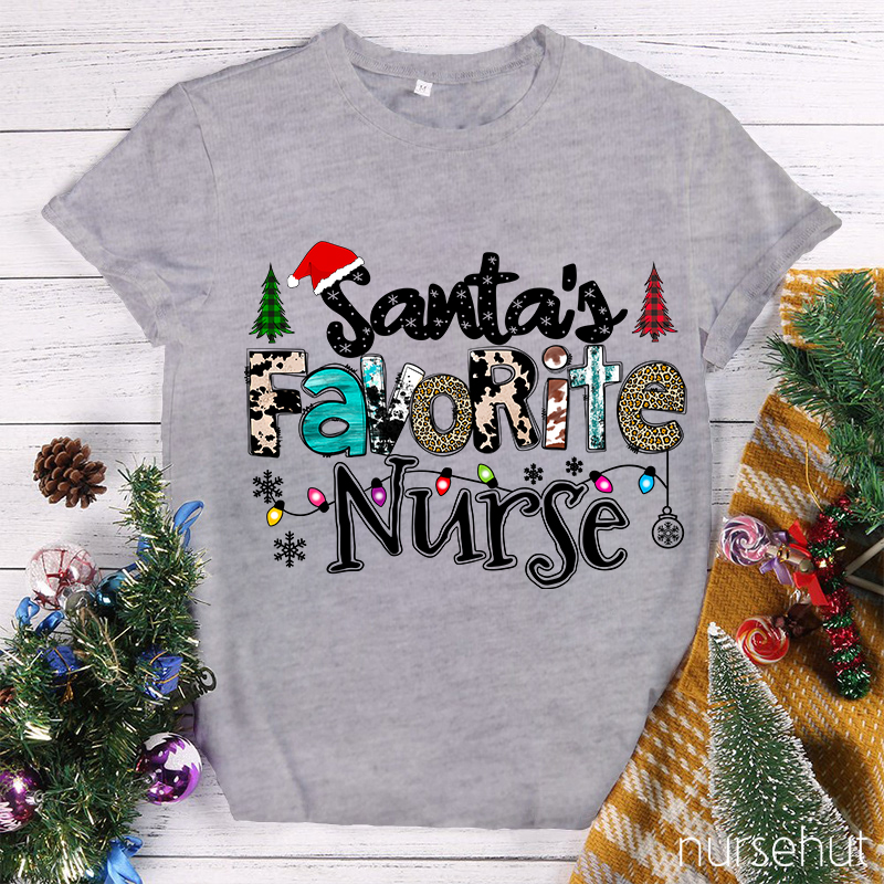 Santa's Favorite Nurse Leopard Christmas Nurse T-Shirt