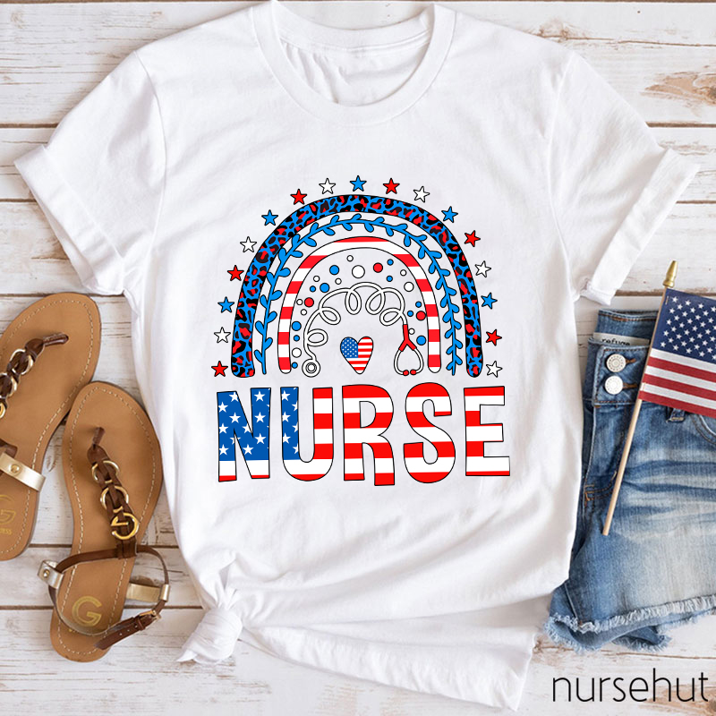 Independence Day Rainbow Heart Nurse T-Shirt