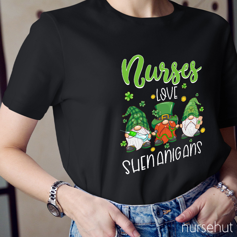 Nurses Love Shenanigans Leprechaun Gnome Nurse T-Shirt
