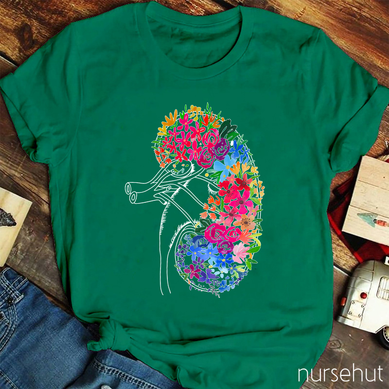 Anatomical Kidney Floral  Nurse T-Shirt