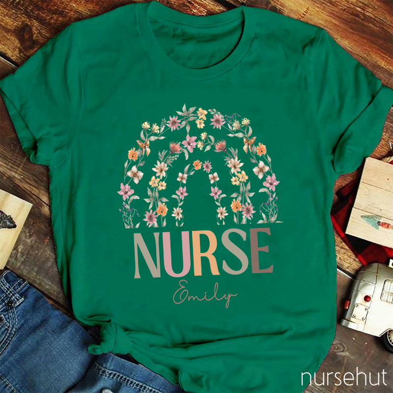 Personalized Rainbow Flower Nurse T-Shirt