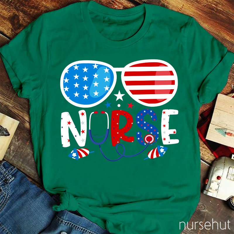 Flag Glasses Fireworks Nurse T-Shirt