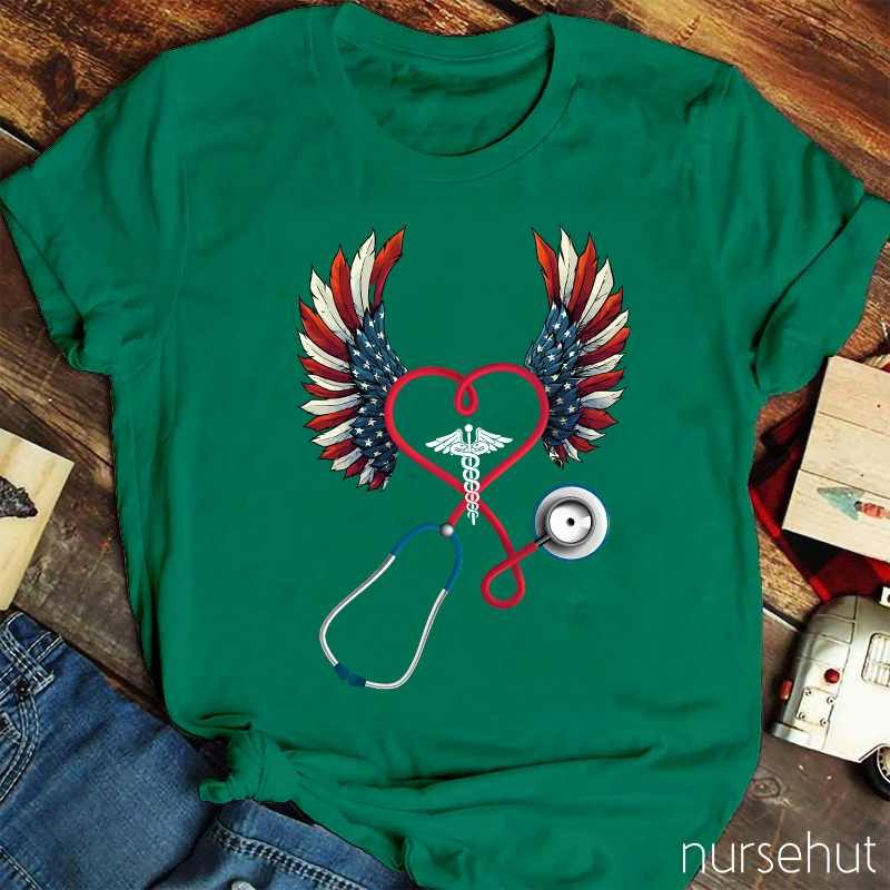 Flag Double Wing Love Stethoscope Nurse T-Shirt