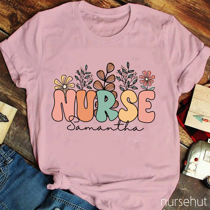 Personalized Name Flowers Nurse T-Shirt
