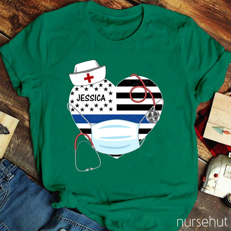 Personalized Stars And Stripes Heart Nurse Mask Stethoscope Nurse T-Shirt
