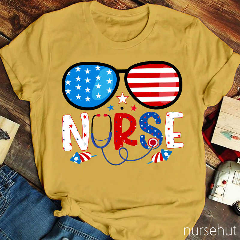 Flag Glasses Fireworks Nurse T-Shirt