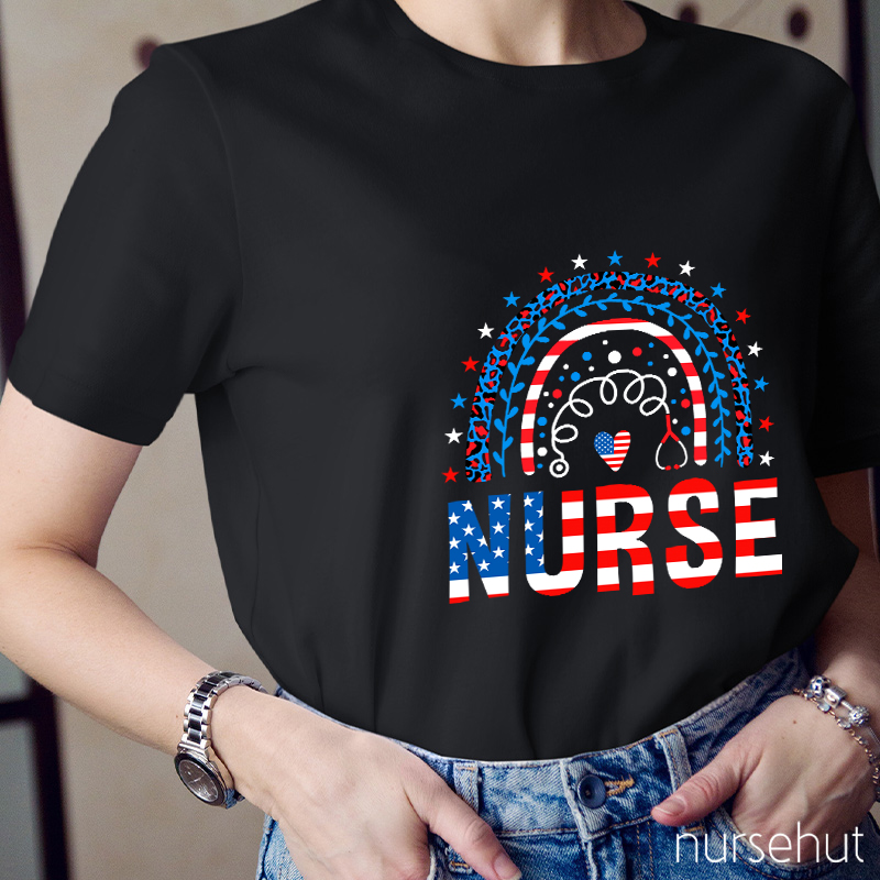 Independence Day Rainbow Heart Nurse T-Shirt