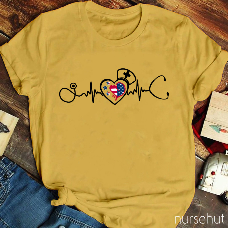 Flag Heart ECG Stethoscope Nurse T-Shirt