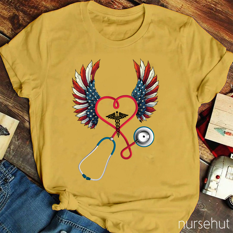 Flag Double Wing Love Stethoscope Nurse T-Shirt