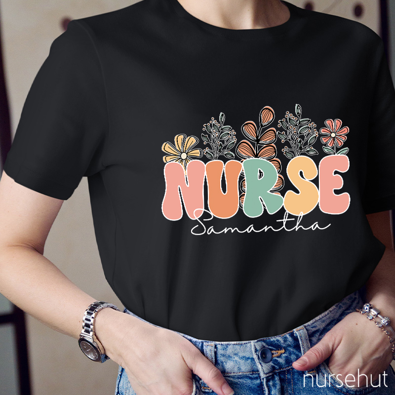 Personalized Name Flowers Nurse T-Shirt