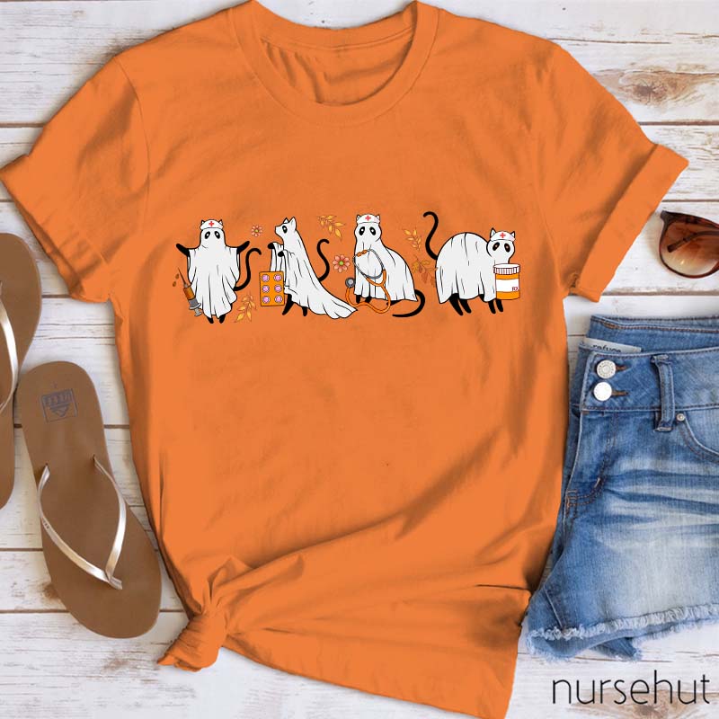 Funny Ghost Cat Halloween Nurse T-Shirt