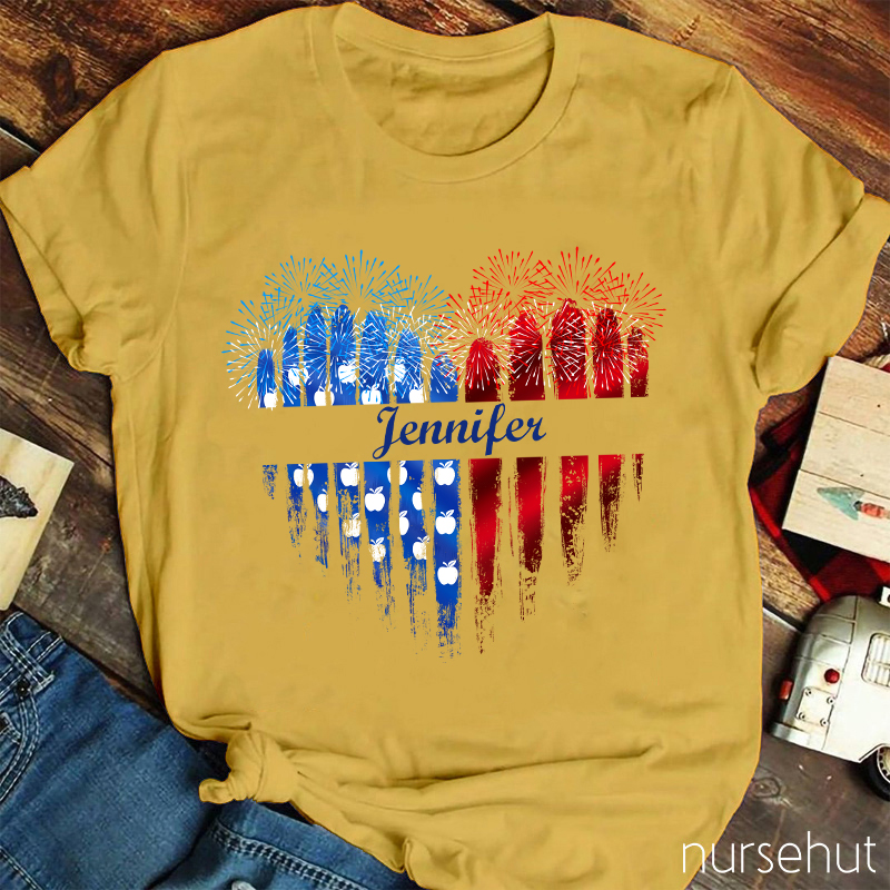 Personalized Name Love Flat Fireworks Nurse T-Shirt