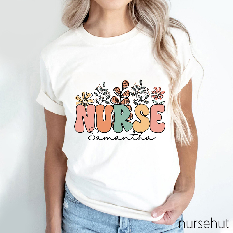 Personalized Name Flowers Nurse T-Shirt
