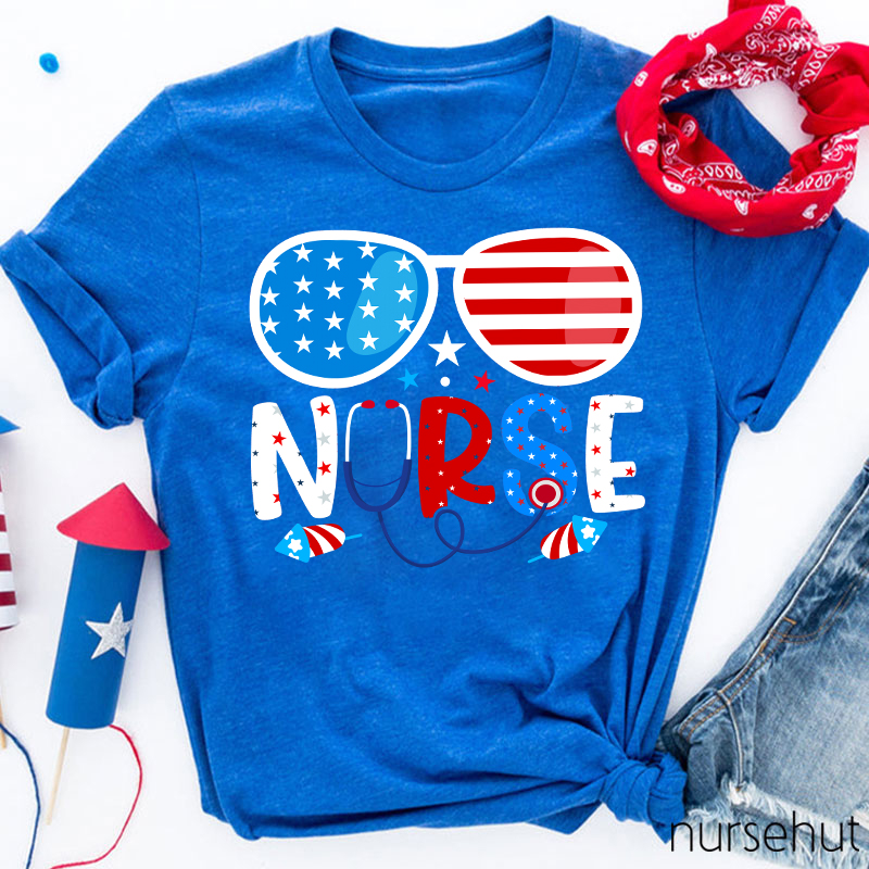 Flag Glasses Fireworks Nurse T-Shirt