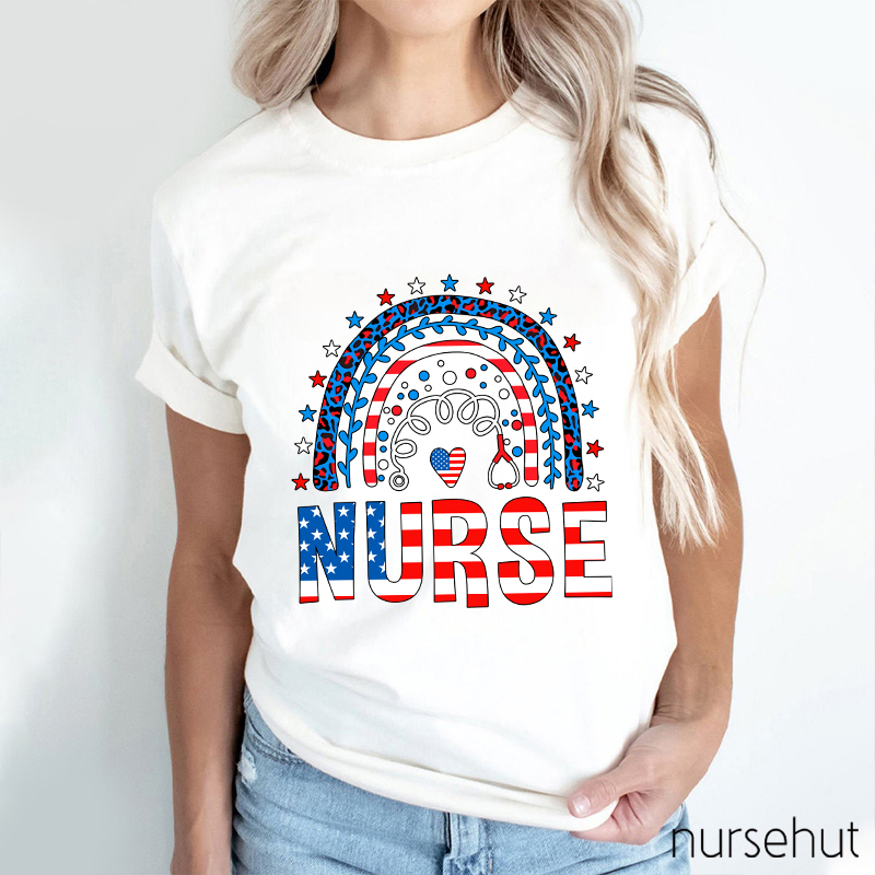 Independence Day Rainbow Heart Nurse T-Shirt