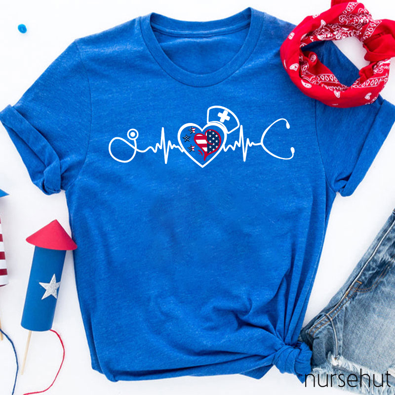 Flag Heart ECG Stethoscope Nurse T-Shirt