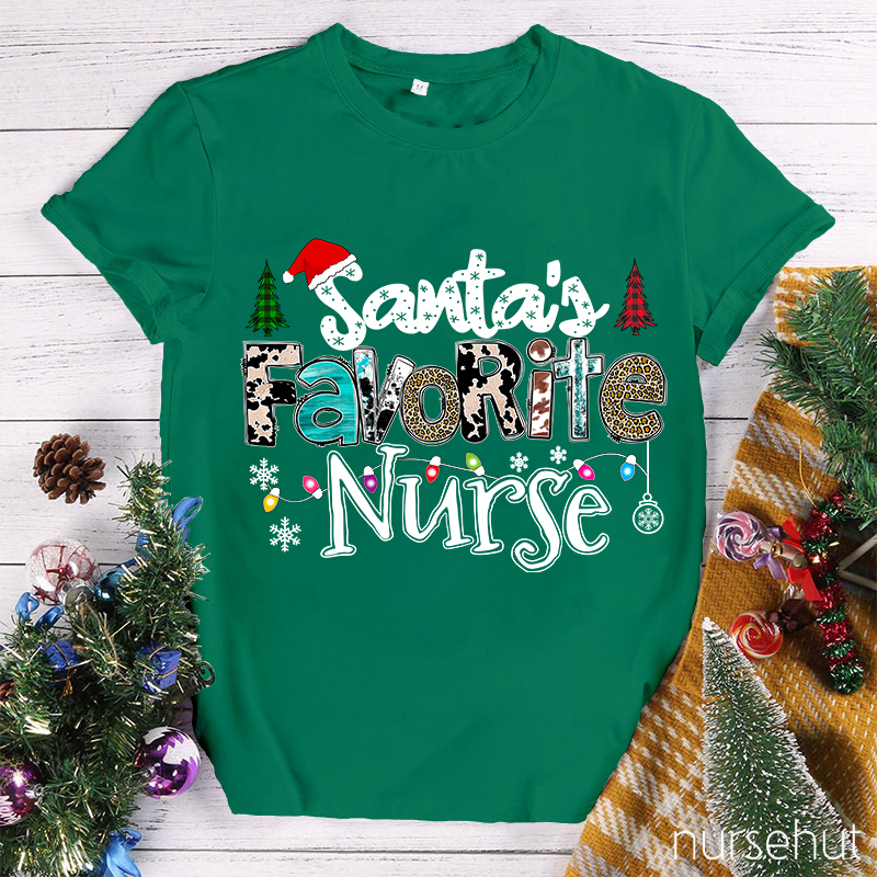 Santa's Favorite Nurse Leopard Christmas Nurse T-Shirt