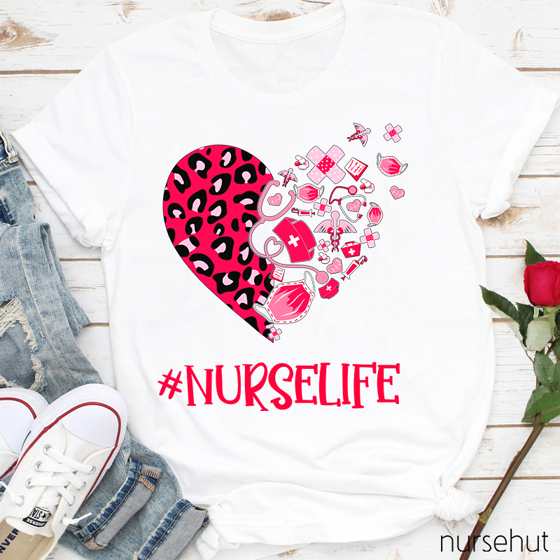 Leopard Print Love Heart Nurselife Nurse T-Shirt