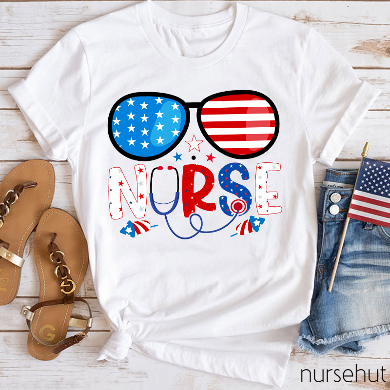 Flag Glasses Fireworks Nurse T-Shirt