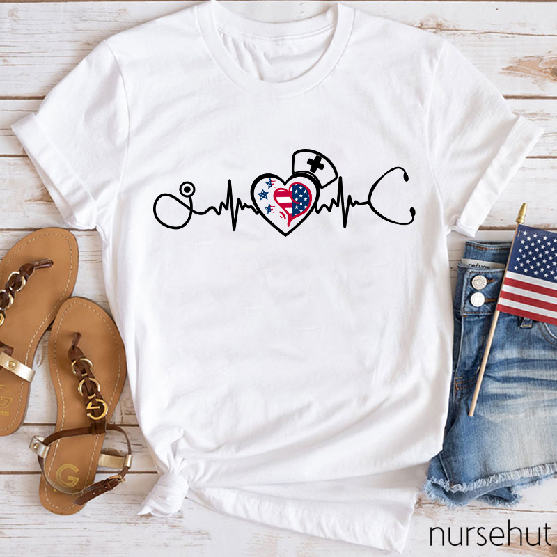 Flag Heart ECG Stethoscope Nurse T-Shirt