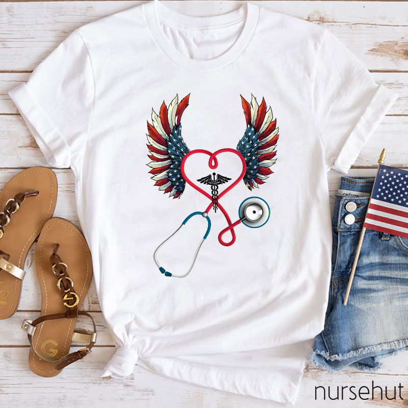 Flag Double Wing Love Stethoscope Nurse T-Shirt