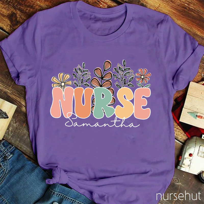 Personalized Name Flowers Nurse T-Shirt