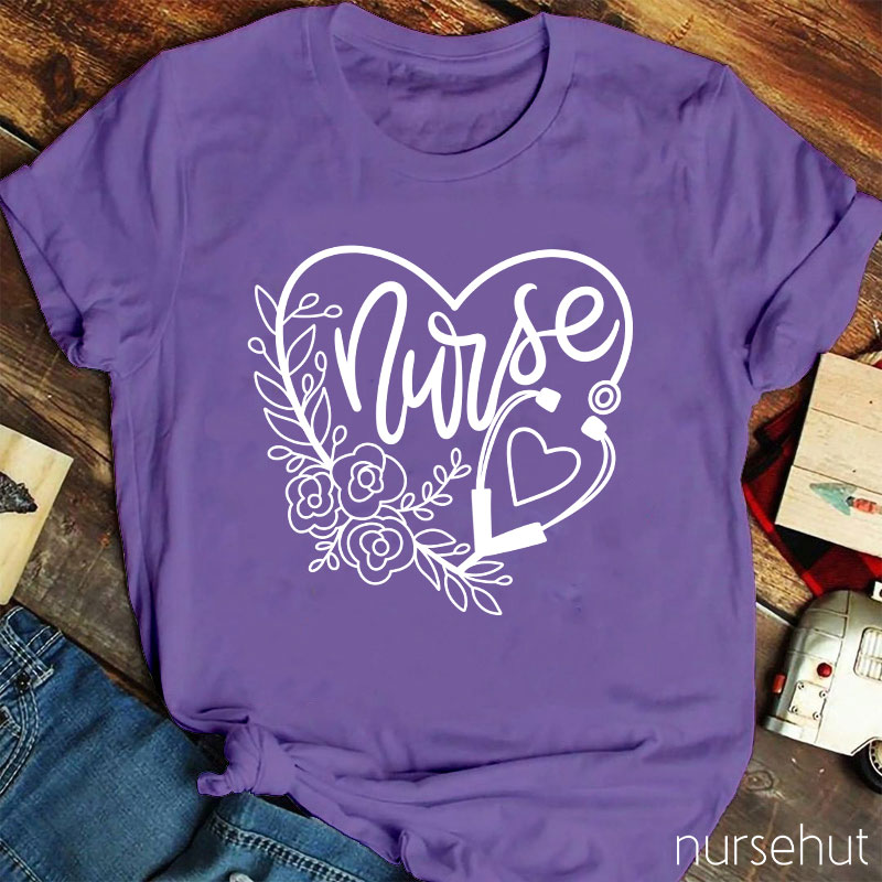 Flower Heart Stethoscope Nurse T-Shirt