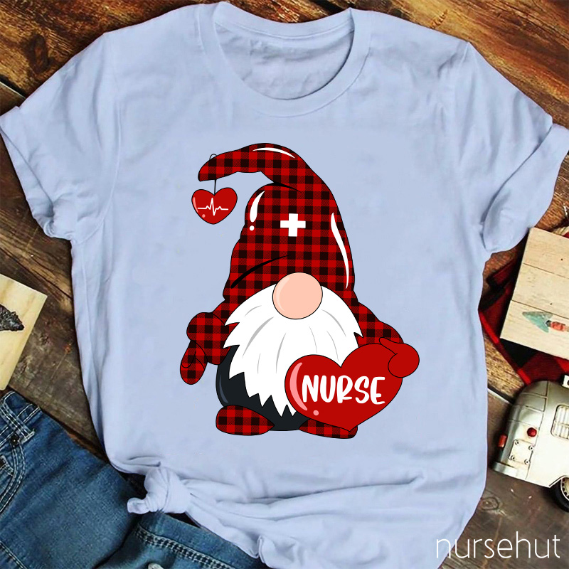 Red Plaid Gnome Red Heart Nurse T-Shirt