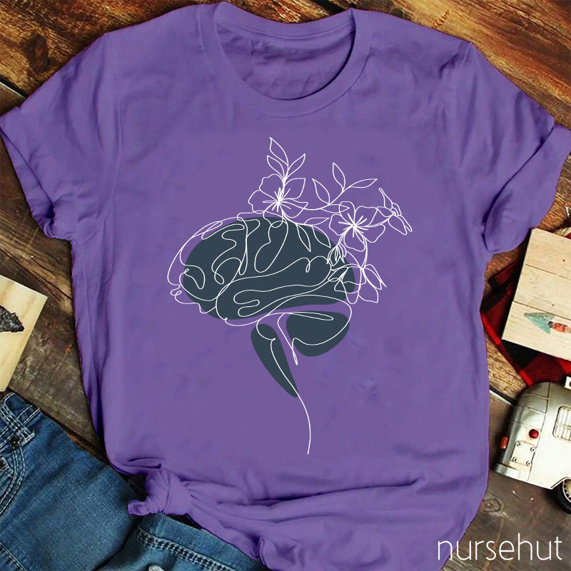 Flowers Growing From The Brain Line Drawing Nurse T-Shirt