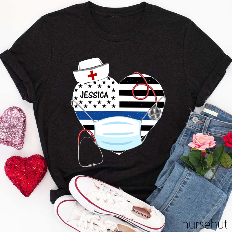 Personalized Stars And Stripes Heart Nurse Mask Stethoscope Nurse T-Shirt