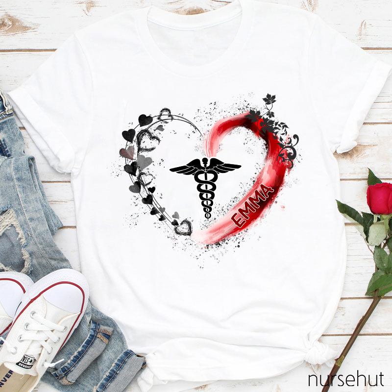 Personalized Caduceus Heart Flower Ribbon Nurse T-Shirt