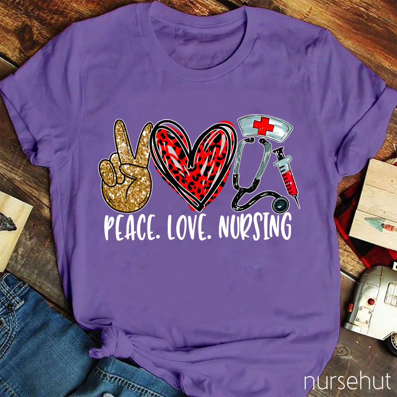 Peace Love Nursing Red Leopard Heart T-Shirt