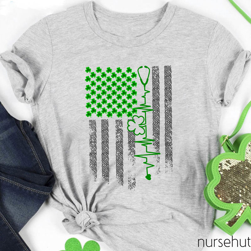 USA National Flag Clovers Stethoscope Nurse T-Shirt