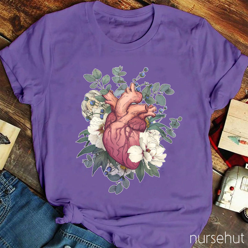 Retro Painting Style Heart And Flowers Nurse T-Shirt