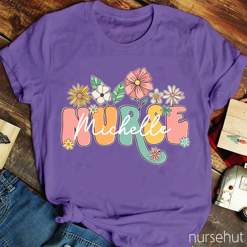 Personalized Nurse Name Flower Nurse T-Shirt