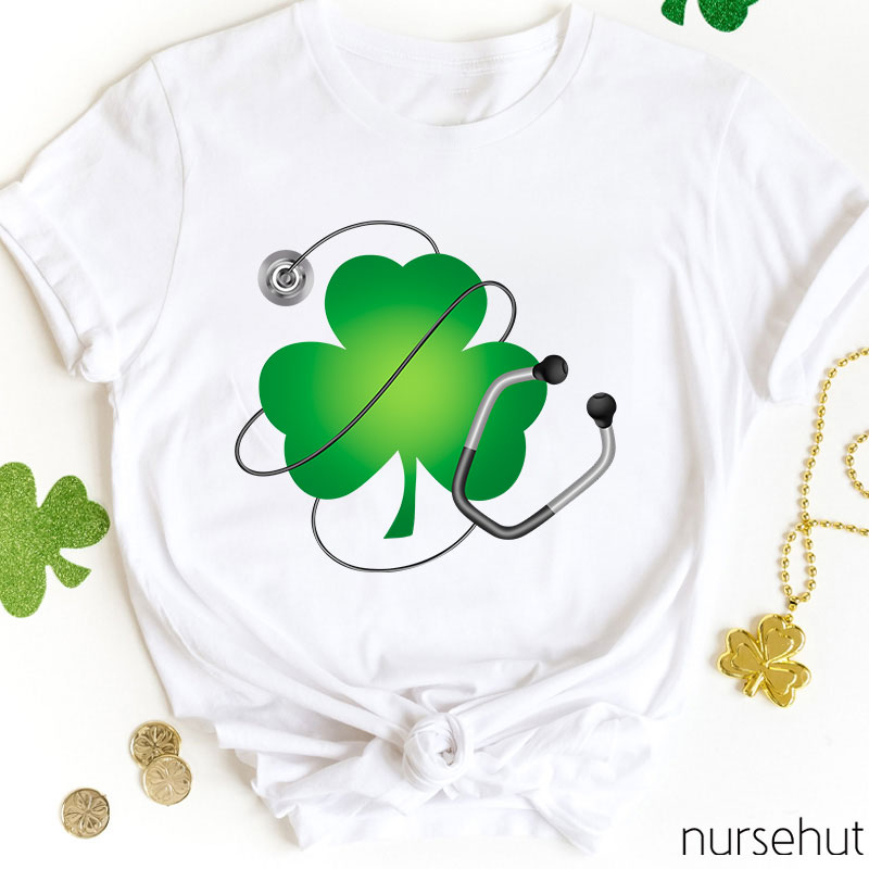 Four Leaf Clover With Stethoscope Nurse T-Shirt