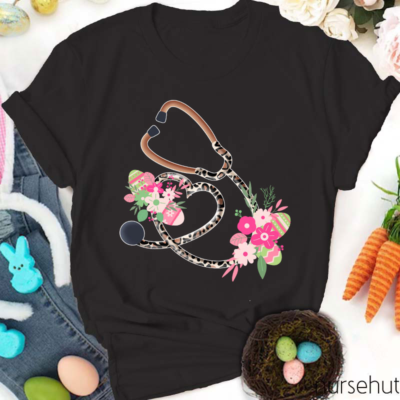 Floral Leopard Stethoscope Heart Nurse T-Shirt