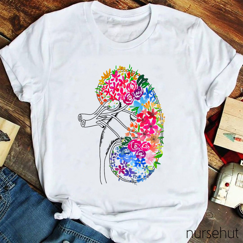 Anatomical Kidney Floral  Nurse T-Shirt