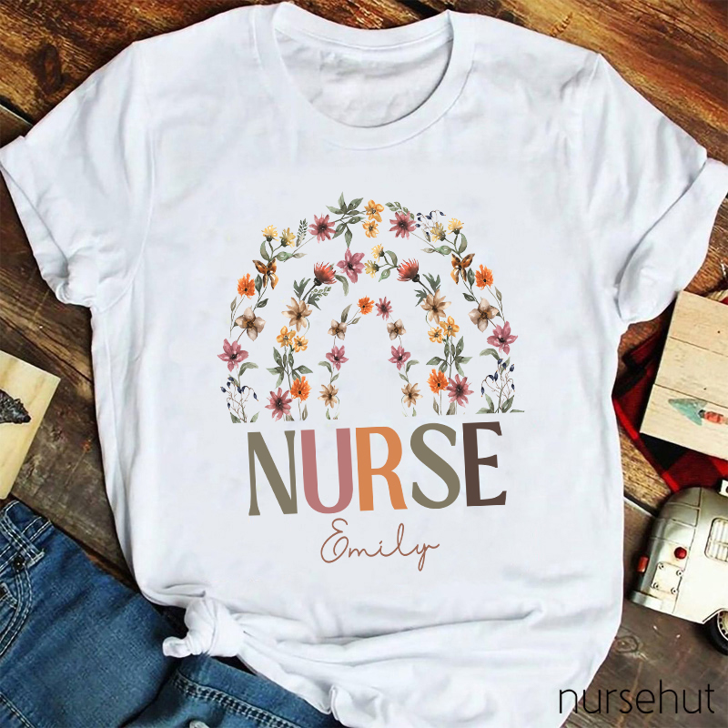 Personalized Rainbow Flower Nurse T-Shirt