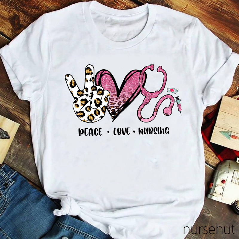 Peace Love And Nursing Shining Pink Leopard Print Nurse T-Shirt