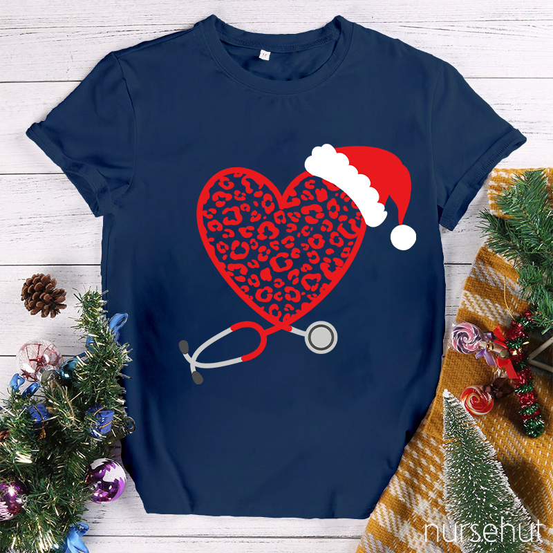 Leopard Red Heart Stethoscope Nurse T-Shirt