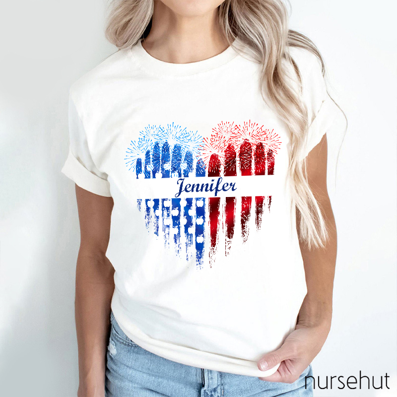 Personalized Name Love Flat Fireworks Nurse T-Shirt