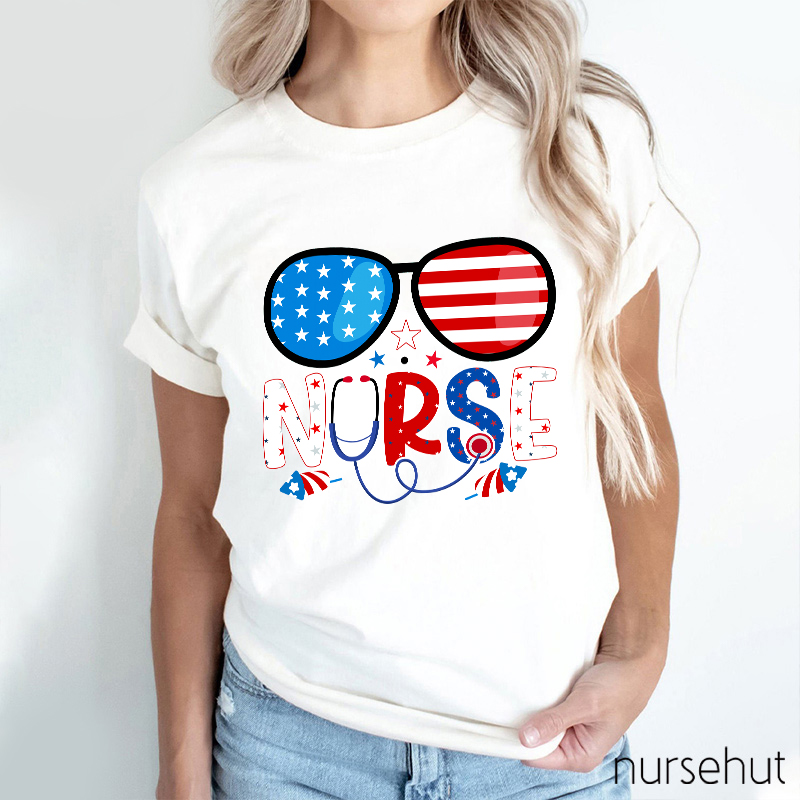 Flag Glasses Fireworks Nurse T-Shirt