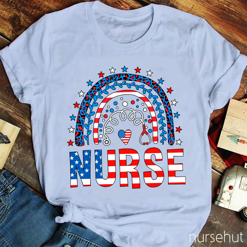 Independence Day Rainbow Heart Nurse T-Shirt